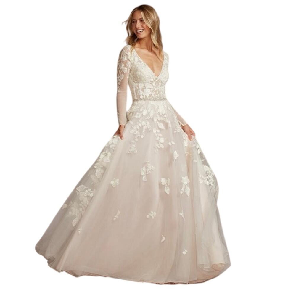 Galina Signature Ivory Floral Lace Wedding Gown LONG SLEEVES FLORAL New NWT
